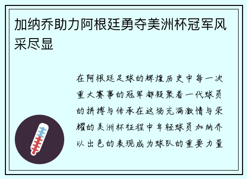 加纳乔助力阿根廷勇夺美洲杯冠军风采尽显 加纳乔助力阿根廷勇夺美洲杯冠军风采尽显